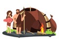 Stone age family with fireplace and home