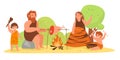 Stone age family. Primitive prehistoric people. Mom, dad and kids cooking or sewing animal skins clothes. Cavemen make