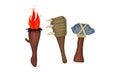 Stone Age Hunting Weapons with Torch Stick and Hatchet Vector Set