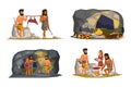 Stone age life scenes vector illustrations set