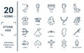 stone.age linear icon set. includes thin line needle, troglodyte, bow, mammoth, venus of willendorf, rock art, spear icons for