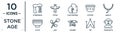 stone.age linear icon set. includes thin line stonehenge, cave painting, amulet, leaf, tipi, troglodyte, plate icons for report,