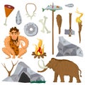 Stone age or Neanderthal vector icons and characters set Royalty Free Stock Photo