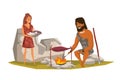 Stone age people frying meat vector illustration.