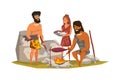 Stone age people frying meat vector illustration. Royalty Free Stock Photo