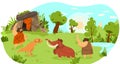 Stone age people with pet animal, mammoth and dinosaur on leash, funny vector illustration Royalty Free Stock Photo