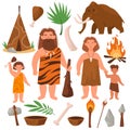 Stone age. People of prehistoric times. Cartoon family tribe. Cute cavemen. Mammoth and dwelling made of skins Royalty Free Stock Photo