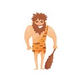 Stone age prehistoric man with cudgel, primitive cavemen cartoon character vector Illustration on a white background