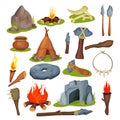 Stone Age and Prehistoric Primitive Tools with Hut, Flame, Hammer, Torch, Cave and Spear Big Vector Set