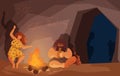 Stone age primitive family people sit by fire, caveman playing music, woman dancing Royalty Free Stock Photo