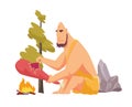 Stone age primitive man in animal hide pelt cooking meat food on fire. Flat style vector illustration isolated on white Royalty Free Stock Photo