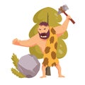 Stone age primitive man with stone hammer. Flat style vector illustration isolated on white background. Angry Caveman Royalty Free Stock Photo