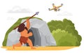 Stone age primitive man hunting on drone with spear weapon near cave, human evolution Royalty Free Stock Photo