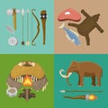 Stone age primitive prehistoric life banner vector illustration. Ancient tools and animals. Hunting weapons and Royalty Free Stock Photo