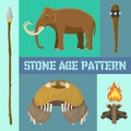 Stone age primitive prehistoric life banner vector illustration. Ancient tools and animals as mammoth. Hunting weapons Royalty Free Stock Photo