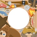 Stone age primitive prehistoric life round pattern vector illustration. Ancient tools and animals. Hunting weapons and