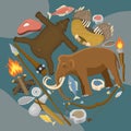 Stone age primitive prehistoric life round pattern vector illustration. Ancient tools and animals. Hunting weapons and Royalty Free Stock Photo