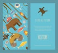 Stone age primitive prehistoric life set of banners vector illustration. Ancient tools and animals as mammoth. Hunting