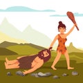 Stone age primitive woman drawing bearded man Royalty Free Stock Photo