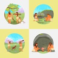 Cavemen stone age people vector flat illustration Royalty Free Stock Photo