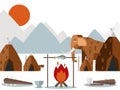 Stone age settlement, vector illustration. Prehistoric village with tents and campfire, ancient human habitat in cold