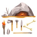 Stone age tools and cave isolated icon, history and primitive weapon