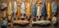Stone age tools, weapons crafted by prehistoric humans. Flint knapping created spear points arrowheads axes blades. Artifacts Royalty Free Stock Photo