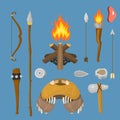 Stone age vector aboriginal primeval historic hunting primitive people weapon and house life symbols illustration.