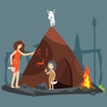 Stone age vector illustration. Cartoon neolithic woman and girl