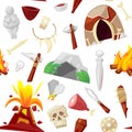 Stone age vector primeval neanderthal stoned weapon axe and prehistoric primitive spear of ancient caveman illustration