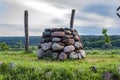 Stone altar in nature on bright sunny day, near water