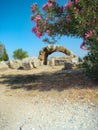 Stone arch in the ancient city of Hieropolis, Turkey. Bougainvillea flowers In the foreground.