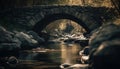 Stone arch bridge over tranquil water in autumn forest landscape generated by AI Royalty Free Stock Photo