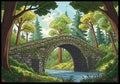 Stone arch bridge spans a flowing river, surrounded by lush forest. Tall trees, including pines and Royalty Free Stock Photo