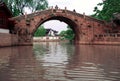 A stone arch bridge with the word \