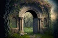 stone arch with doorway with openwork gate in gloomy garden