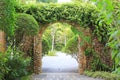 Stone arch entrance gate covered with ivy. Archway to the park