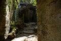 A stone arch full of moss in the ancient abandoned mines in the Calcaferro mining archaeological park in Mulina di Stazzema. Royalty Free Stock Photo