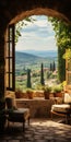 Mediterranean-inspired Wooden Window With Stunning Tuscan Landscape View Royalty Free Stock Photo