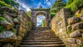 Stone Arch Steps Low Angle, Granite Blocks, Lush Greenery, Ancient Pathway Royalty Free Stock Photo
