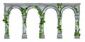 Stone arch vector illustration, marble roman antique pillar colonnade, green ivy leaves, climber plant.