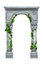Stone arch vector illustration, roman marble column architecture clipart, green ivy leaf isolated on white.