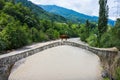 The stone arched bridge over the mountain river in Georgia Royalty Free Stock Photo