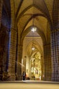 stone arched ceiling in the church. Pamplona