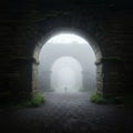 Stone arches intersect in a misty, ancient structure. Damp, moss-covered stones form Royalty Free Stock Photo