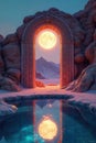 Stone archway framing a giant moon over a serene desert landscape reflected in still water. Generative AI Royalty Free Stock Photo