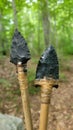 Stone arrowheads on traditional Primitive Archery arrow shaft tied with sinew