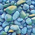 Stone background with round colorful pebbles from the sea beach. Digital illustration in vivid blue color. Royalty Free Stock Photo