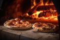 Stone baked oven. Pizza cooked in a wood fired oven. Generative AI