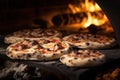 Stone baked oven. Pizza cooked in a wood fired oven. Generative AI